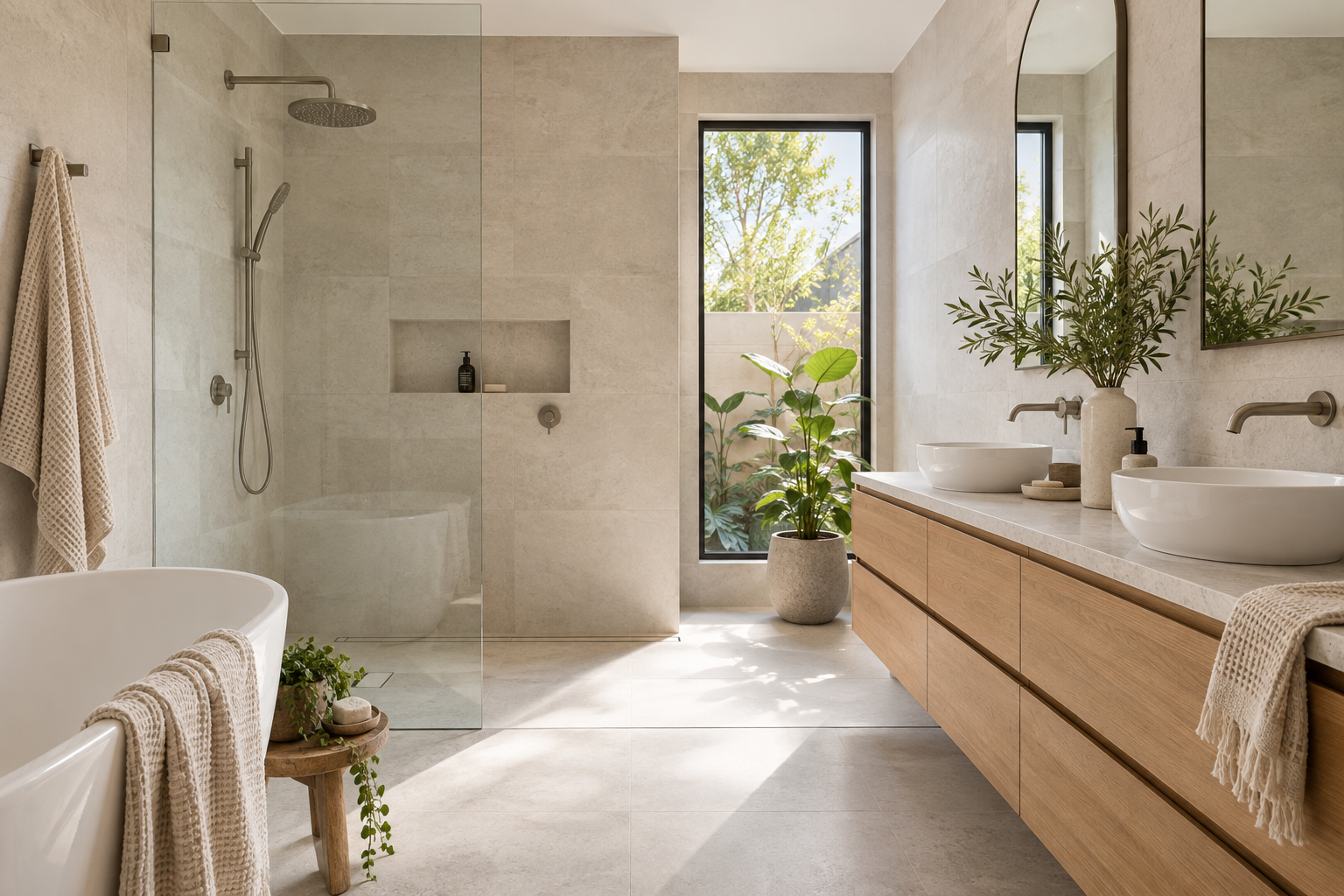 Modern bathroom renovation with natural stone and timber vanity