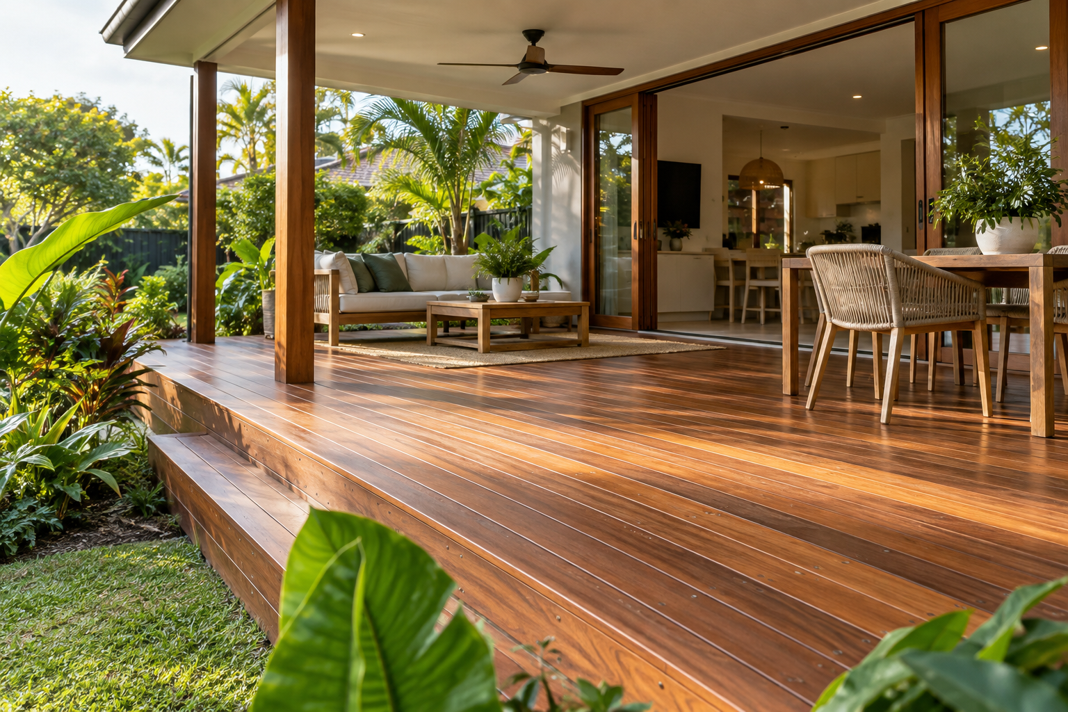 Timber deck opening onto a Queensland garden