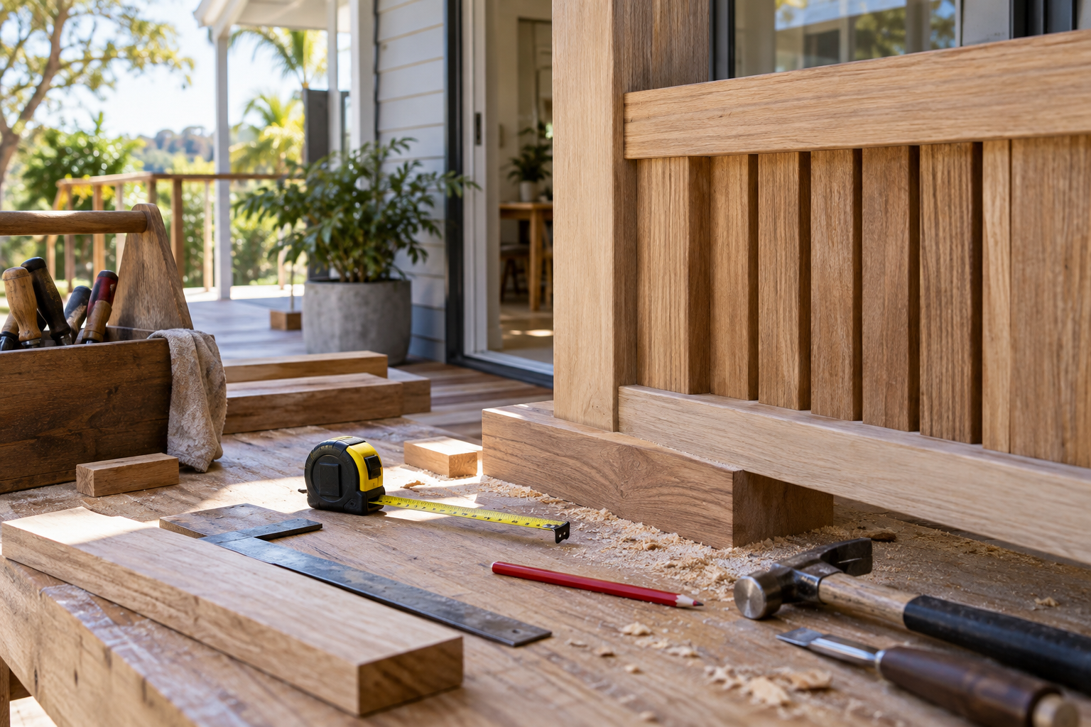 Timber detail work with hand tools on a residential build